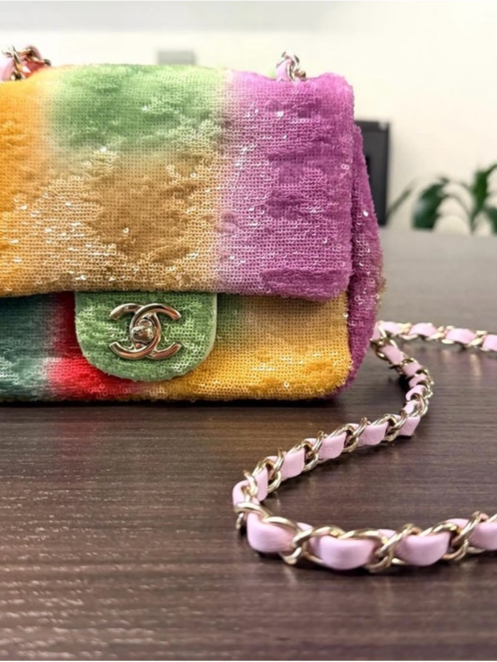 CHANEL Multicolor Tweed Mini Flap Bag with Pink Chain Strap
